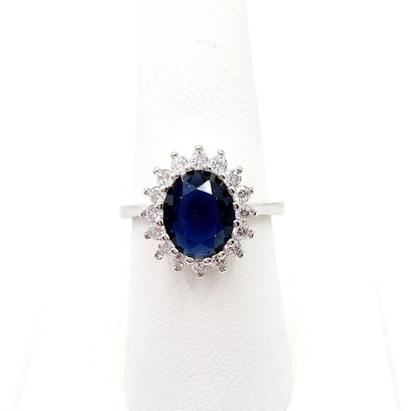 Sapphire Blue Clear CZs Princess Halo Ring NWT Size 8 - Picture 1 of 5